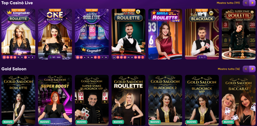 Kingmaker Casino giochi live: Roulette, Blackjack, Mega Fire Blaze, Gold Saloon