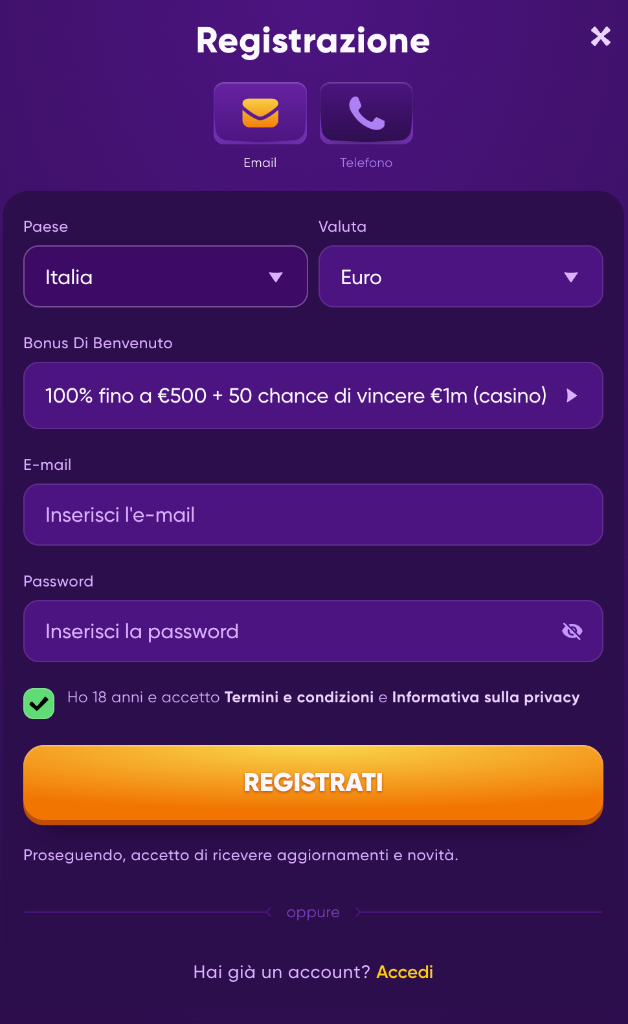 Kingmaker Casino schermata di registrazione